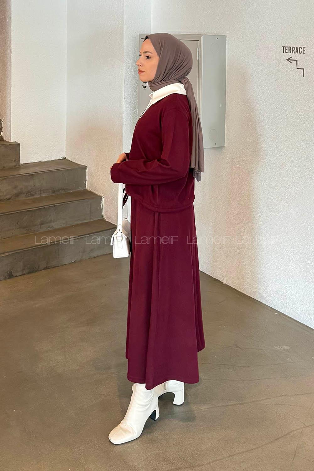 Lamelif Beyaz Yaka Triko Takım Bordo