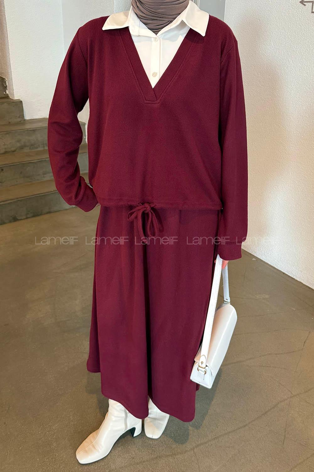 Lamelif Beyaz Yaka Triko Takım Bordo