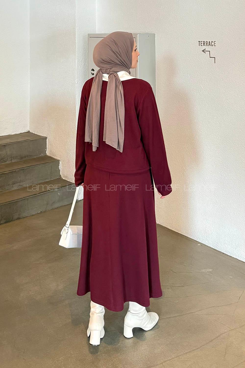 Lamelif Beyaz Yaka Triko Takım Bordo