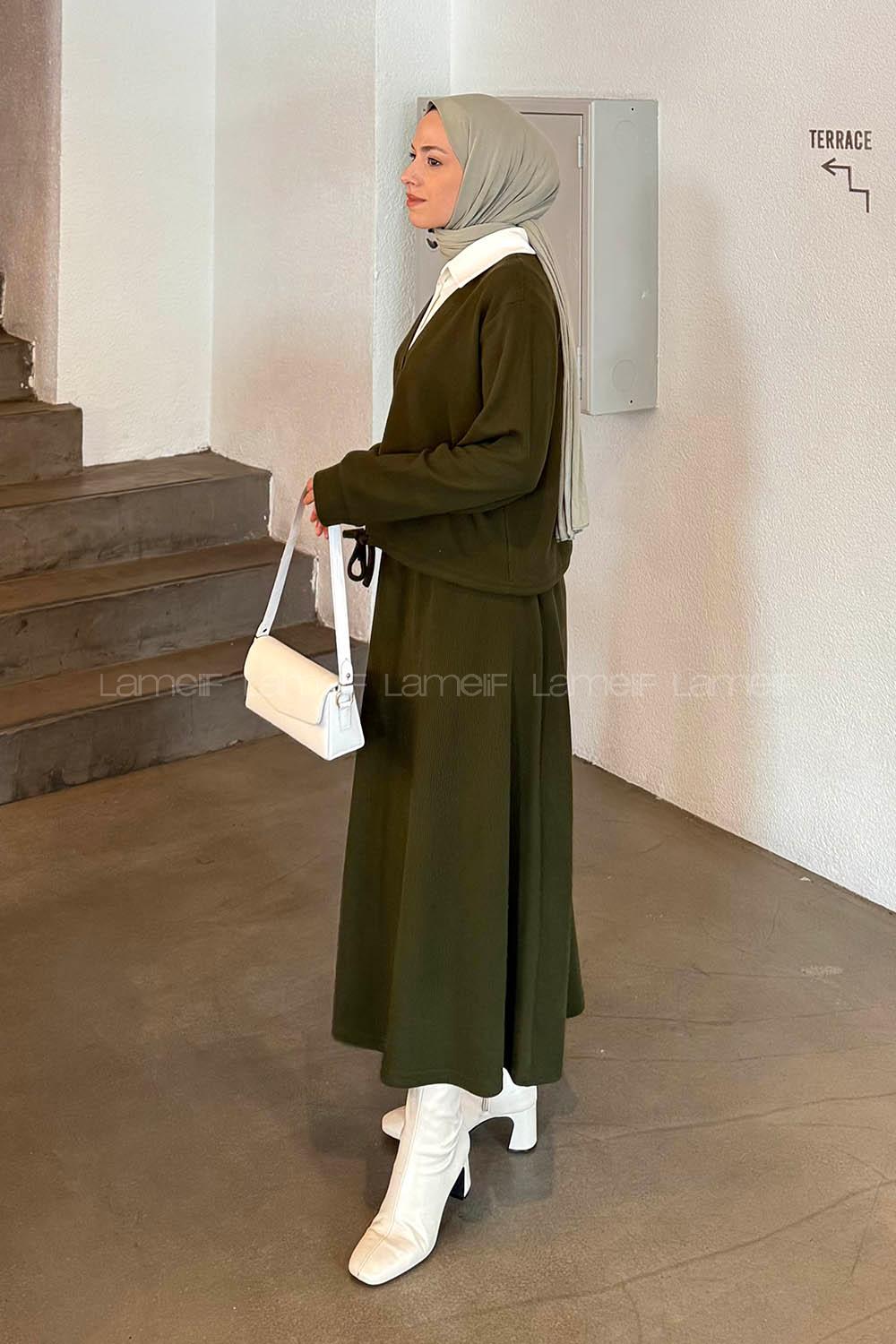 Lamelif Beyaz Yaka Triko Takım Haki