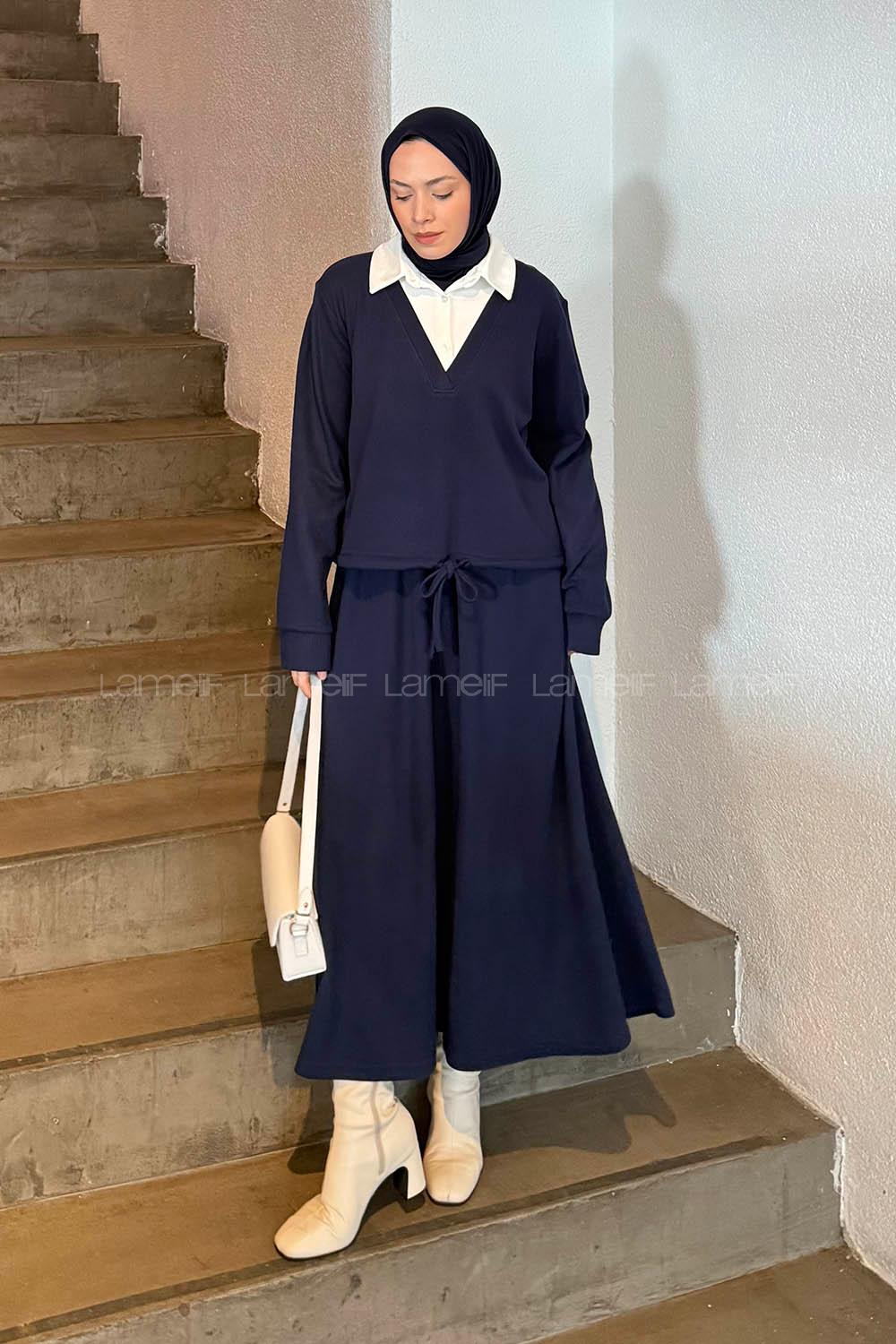 Lamelif Beyaz Yaka Triko Takım Lacivert