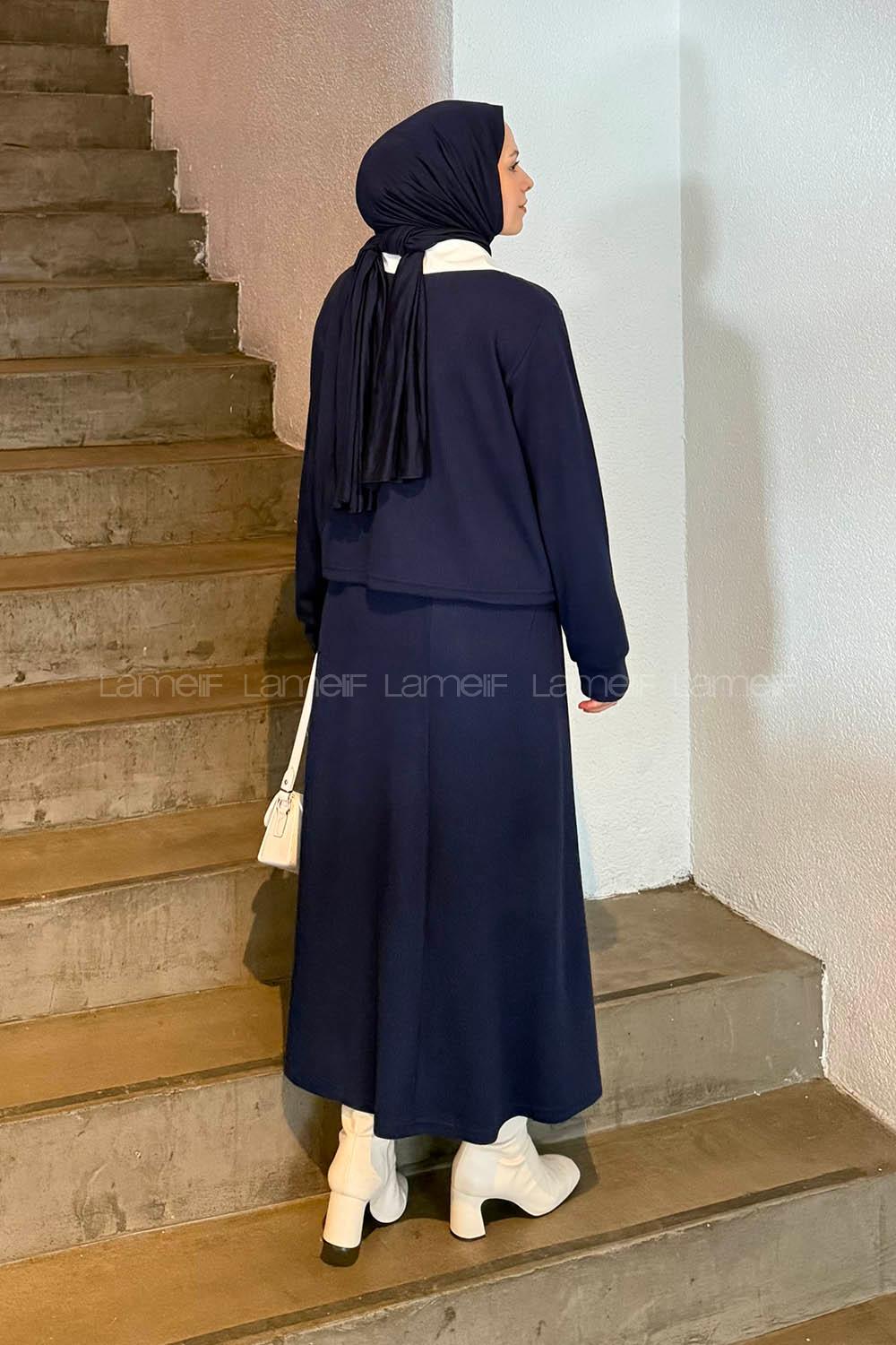 Lamelif Beyaz Yaka Triko Takım Lacivert