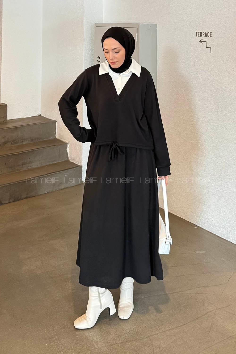 Lamelif Beyaz Yaka Triko Takım Siyah