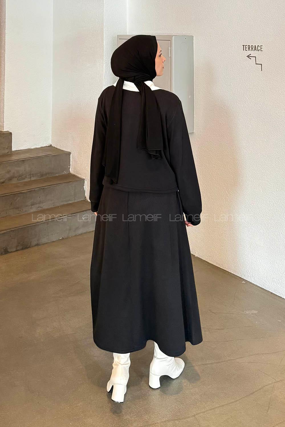 Lamelif Beyaz Yaka Triko Takım Siyah