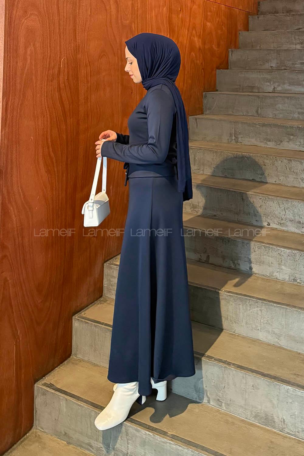 Lamelif Kemerli Scuba Elbise Lacivert