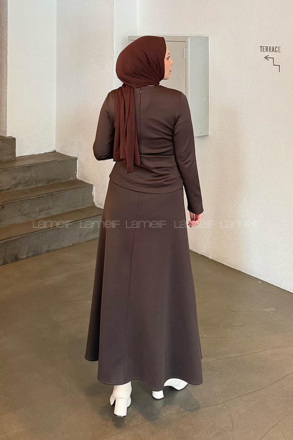 Lamelif Kuşaklı Scuba Elbise Kahverengi