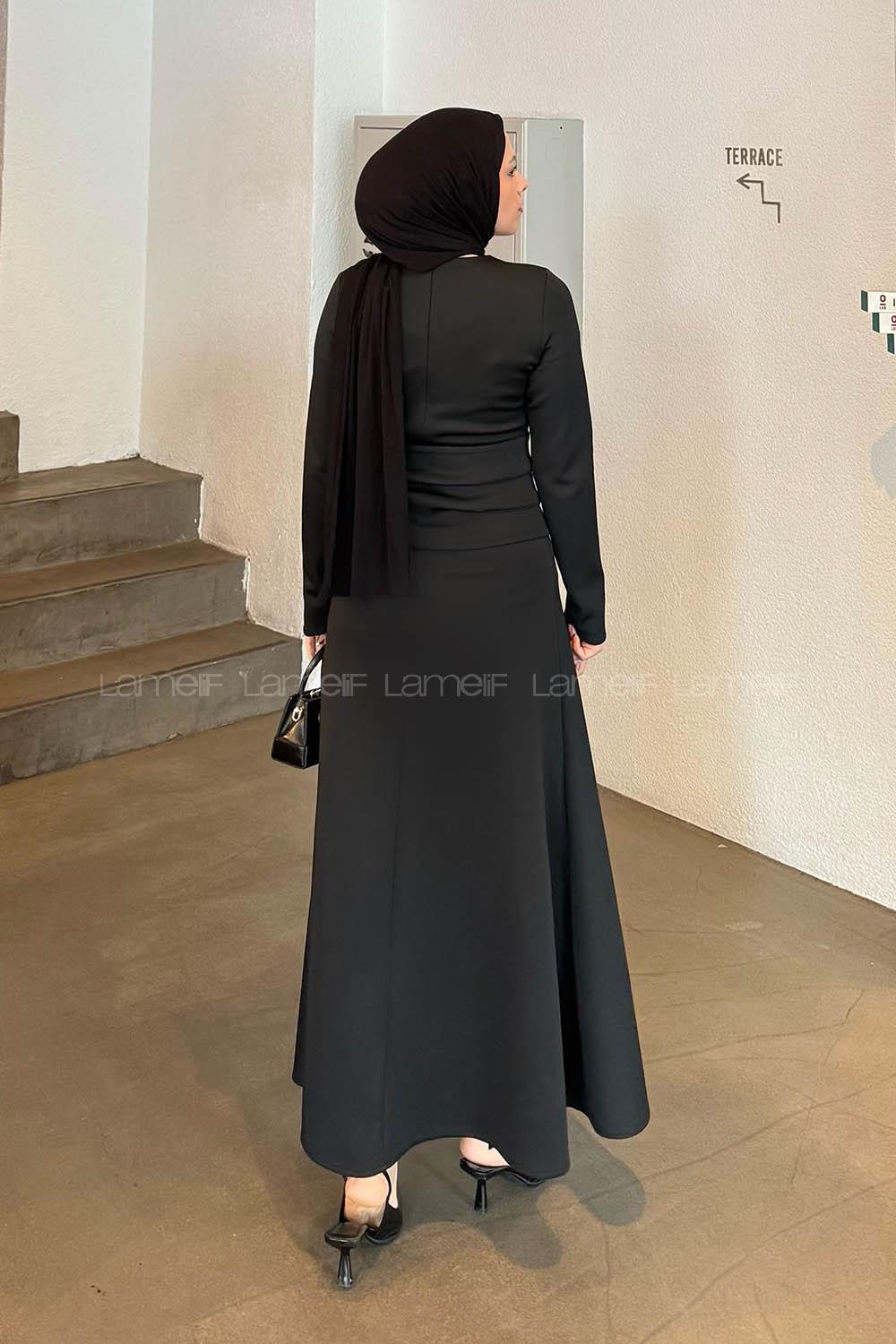 Lamelif Kuşaklı Scuba Elbise Siyah