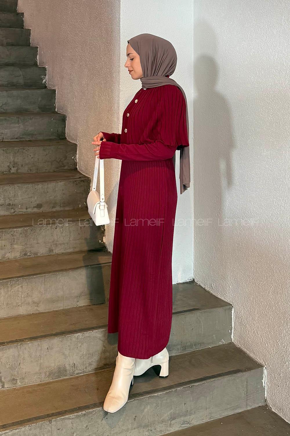 Lamelif Pelerinli Fitilli Elbise Bordo