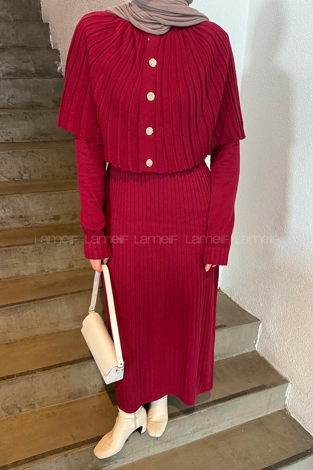 Lamelif Pelerinli Fitilli Elbise Bordo