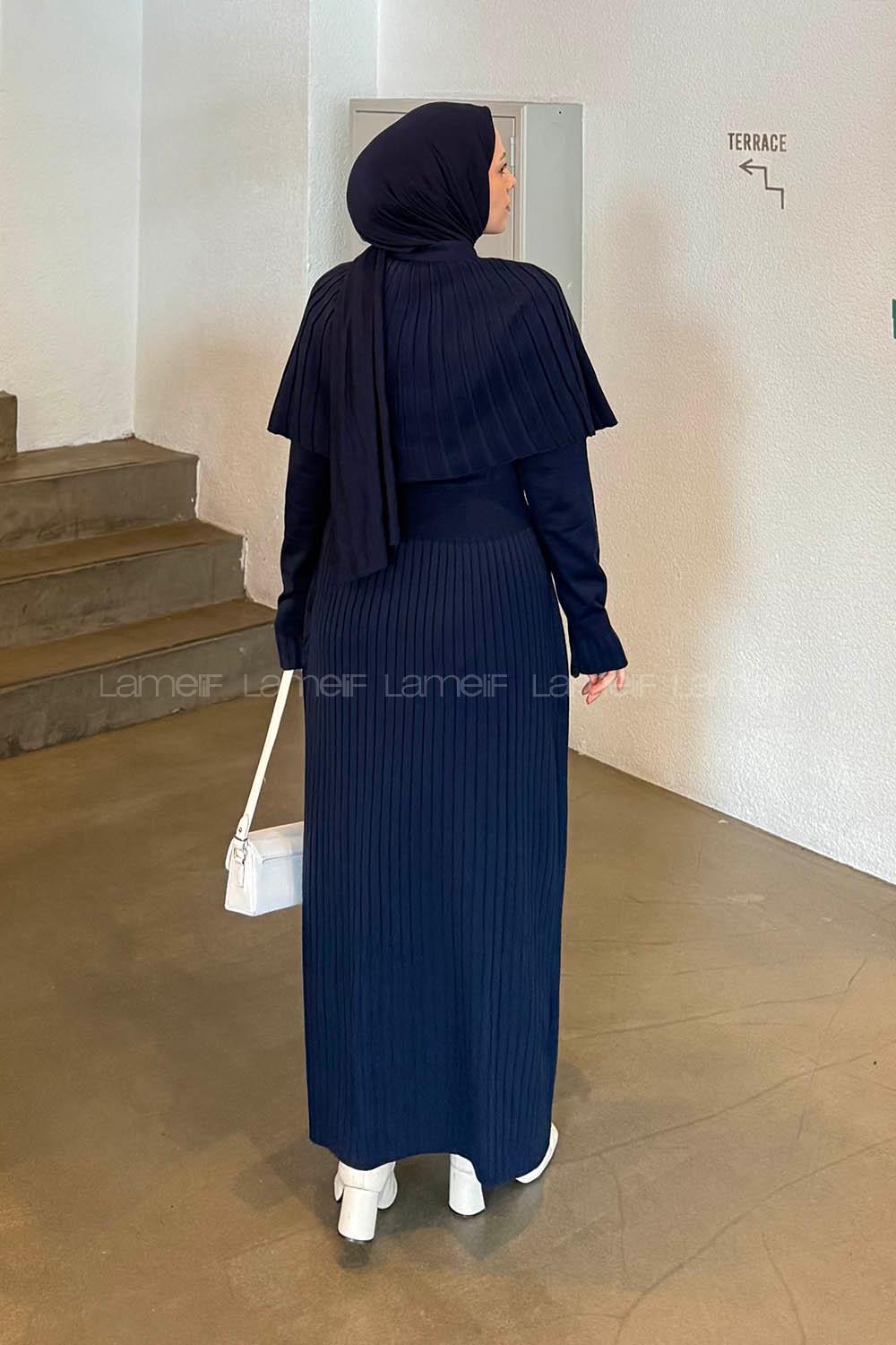 Lamelif Pelerinli Fitilli Elbise Lacivert