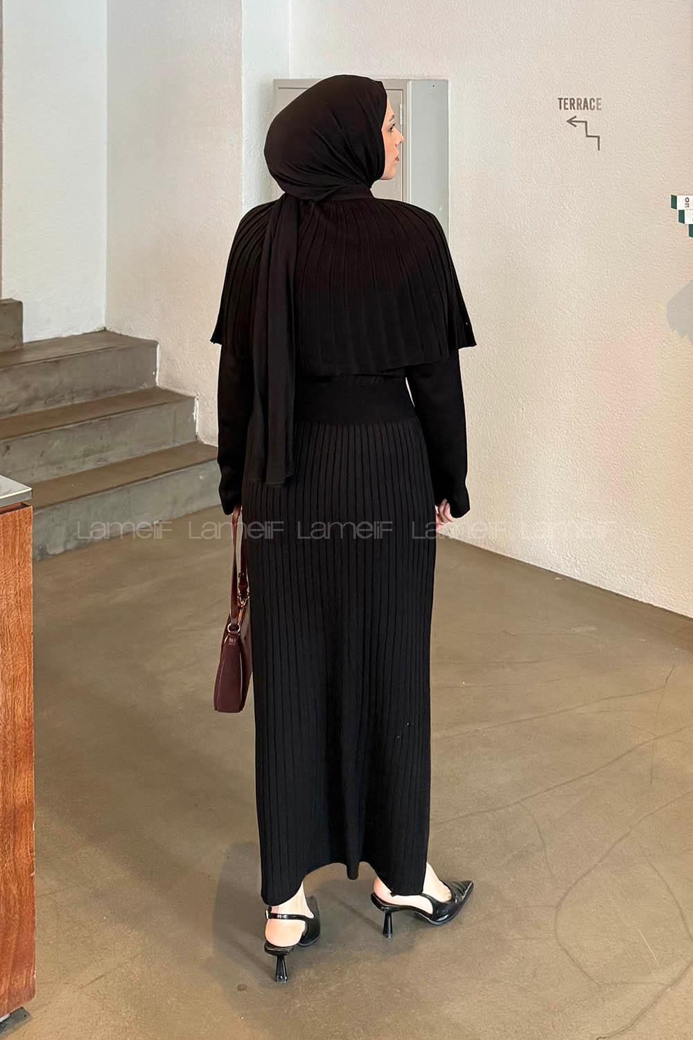 Lamelif Pelerinli Fitilli Elbise Siyah