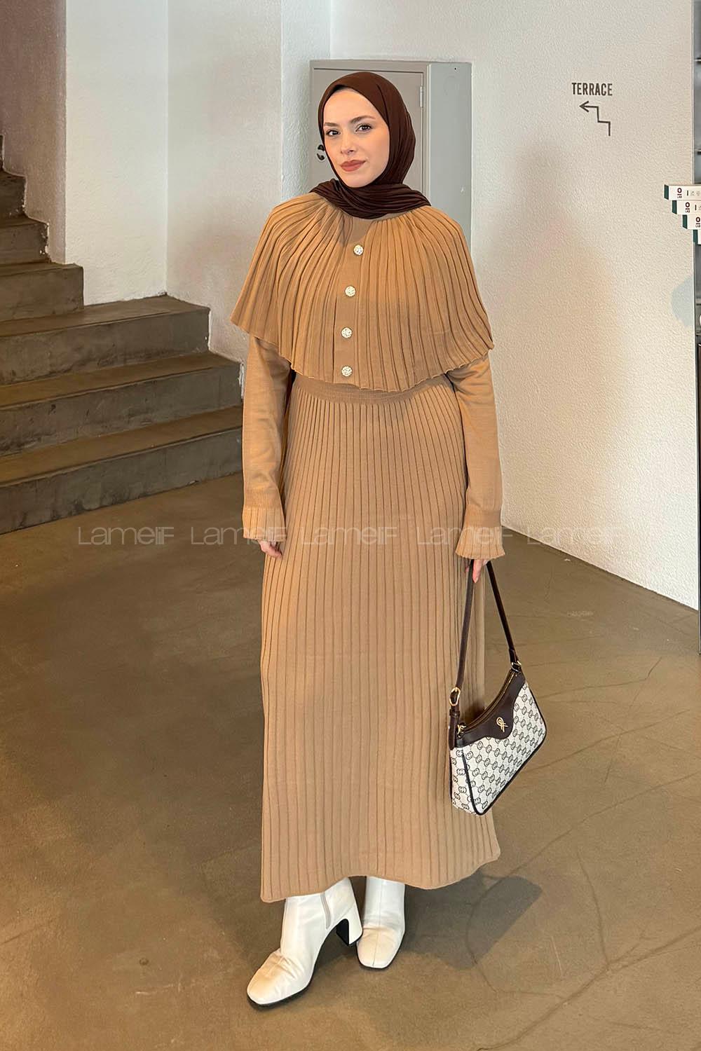 Lamelif Pelerinli Fitilli Elbise Sütlü Kahve