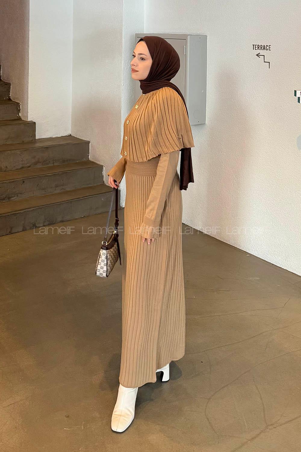 Lamelif Pelerinli Fitilli Elbise Sütlü Kahve