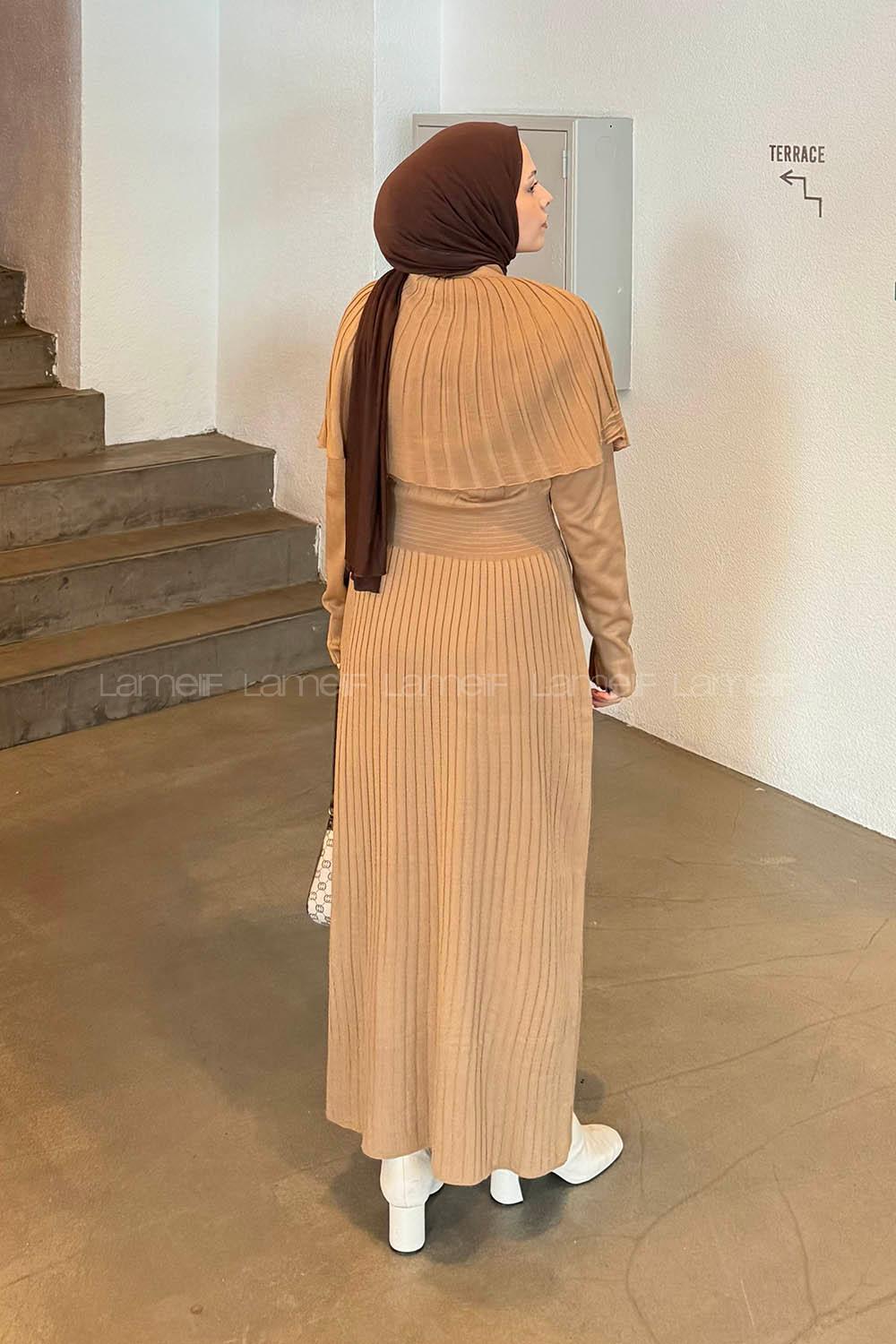 Lamelif Pelerinli Fitilli Elbise Sütlü Kahve