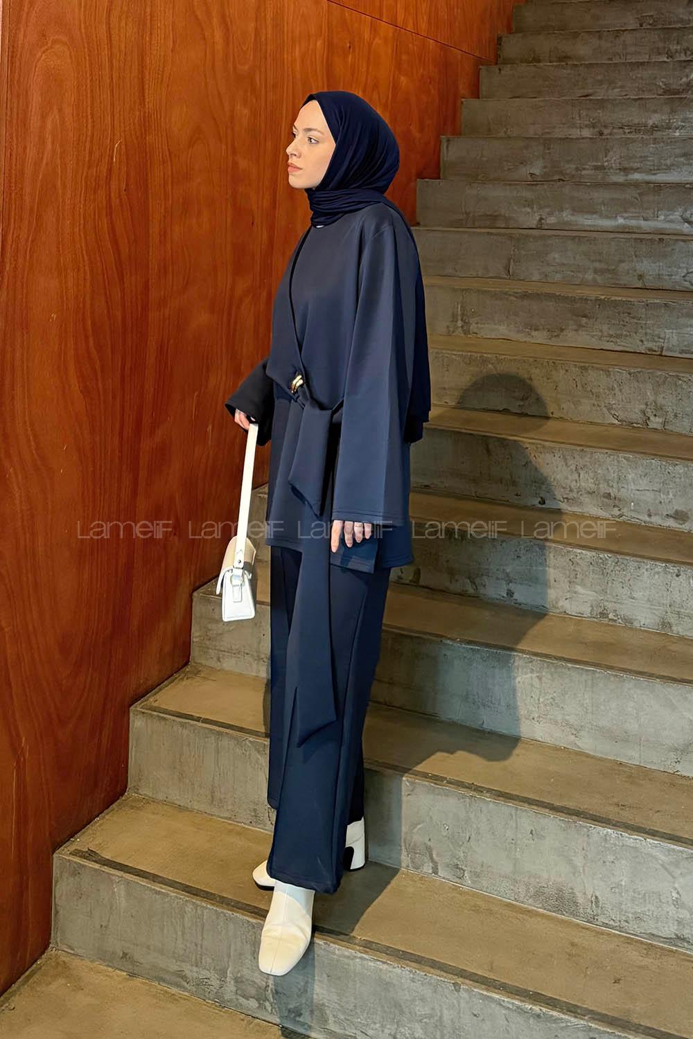 Lamelif Yan Bağlama Detaylı Pantolonlu Takım Lacivert