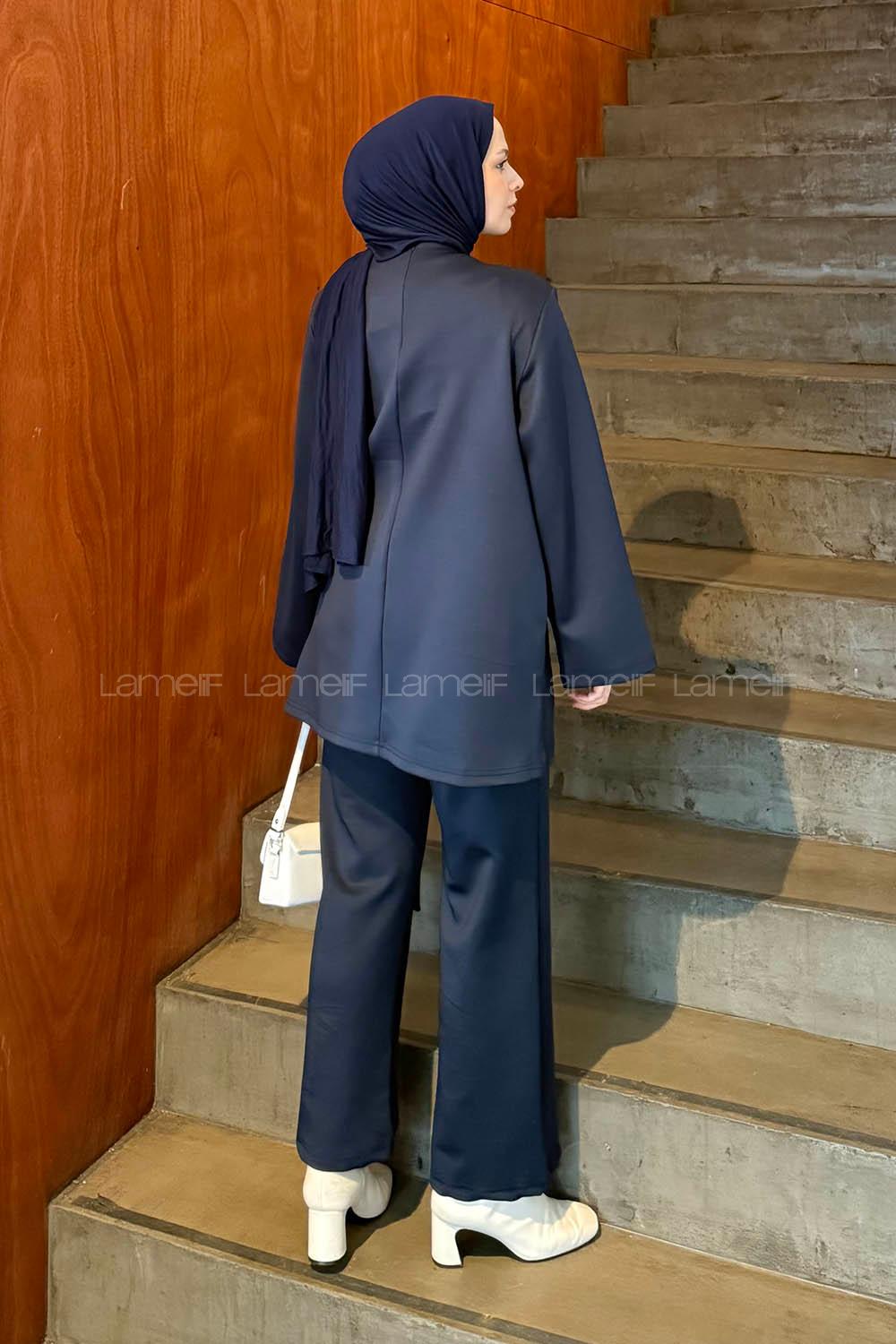 Lamelif Yan Bağlama Detaylı Pantolonlu Takım Lacivert