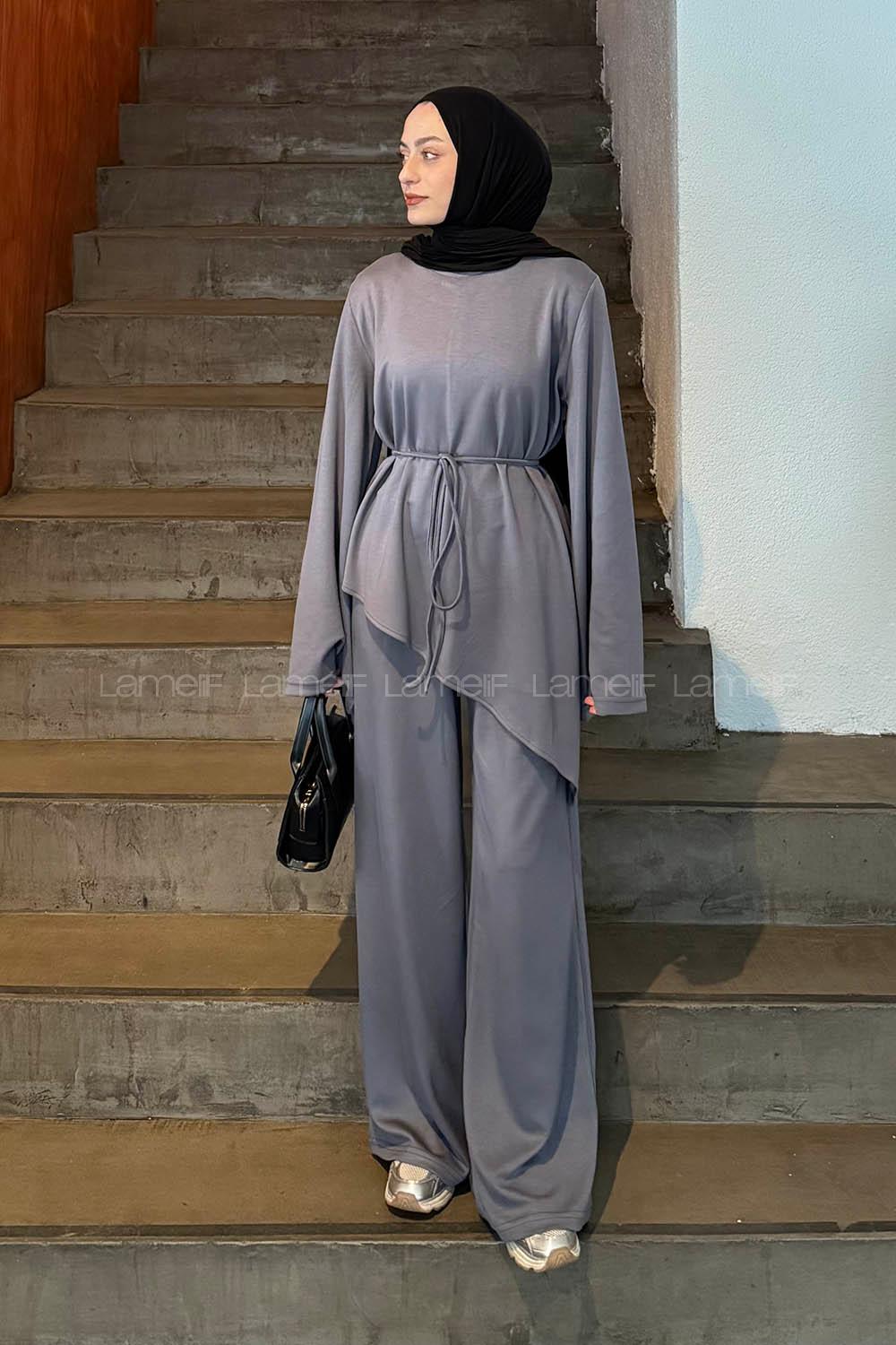 Gray Crew Neck Long Arm Cotton Regular Trousers Comfortable Suit