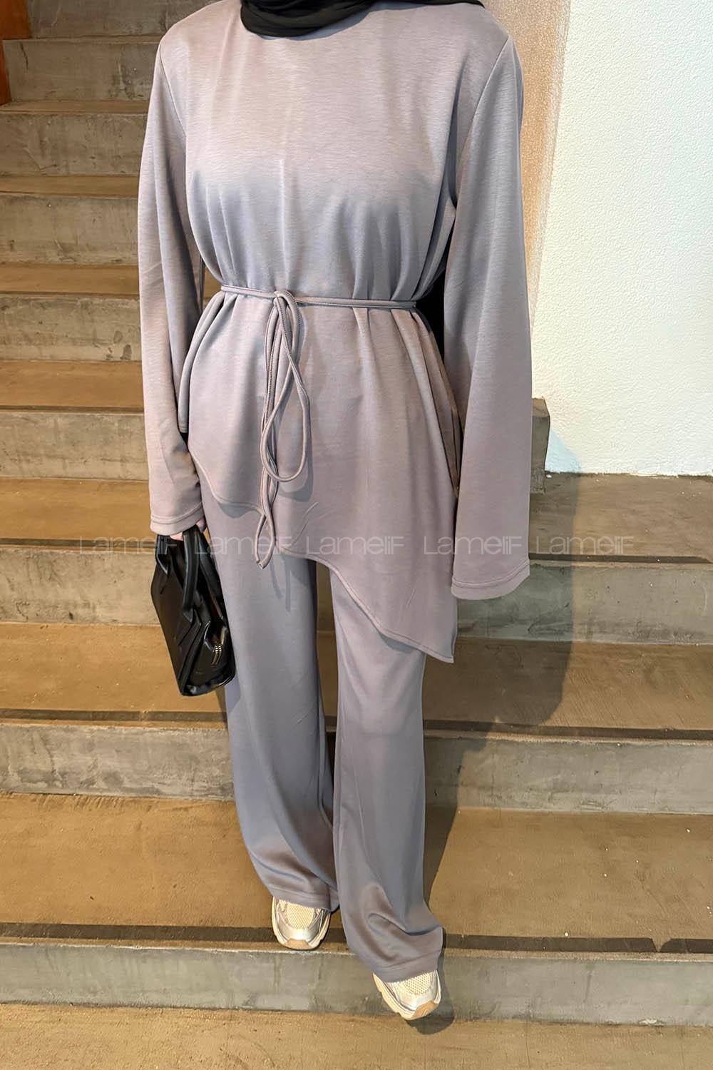 Gray Crew Neck Long Arm Cotton Regular Trousers Comfortable Suit