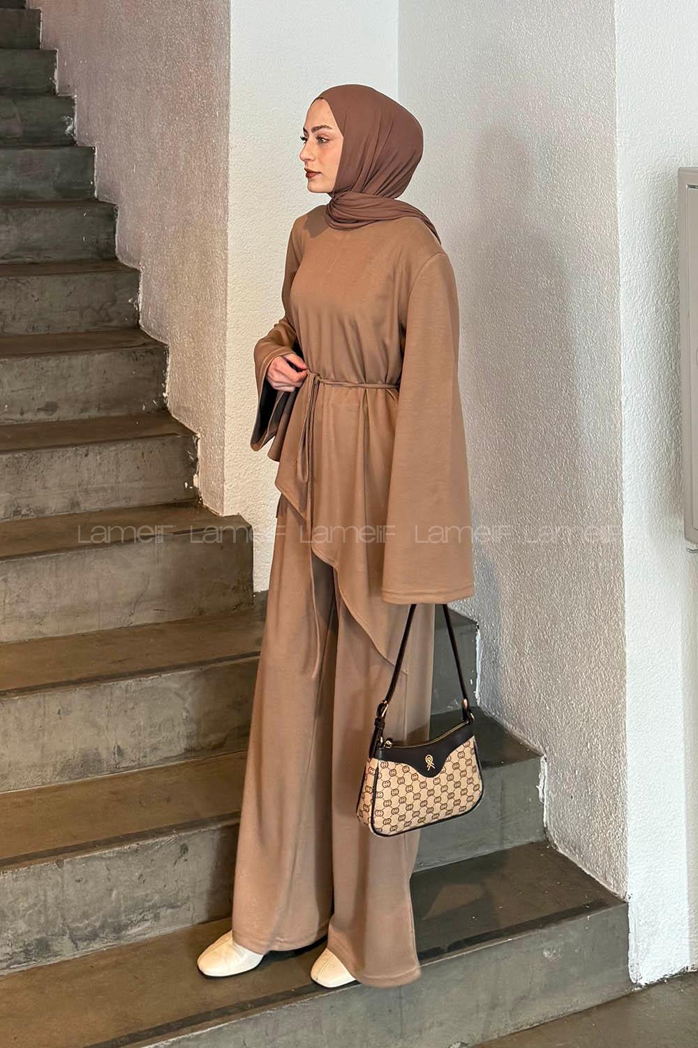 Soft Brown Crew Neck Long Arm Cotton Regular Trousers Comfortable Suit