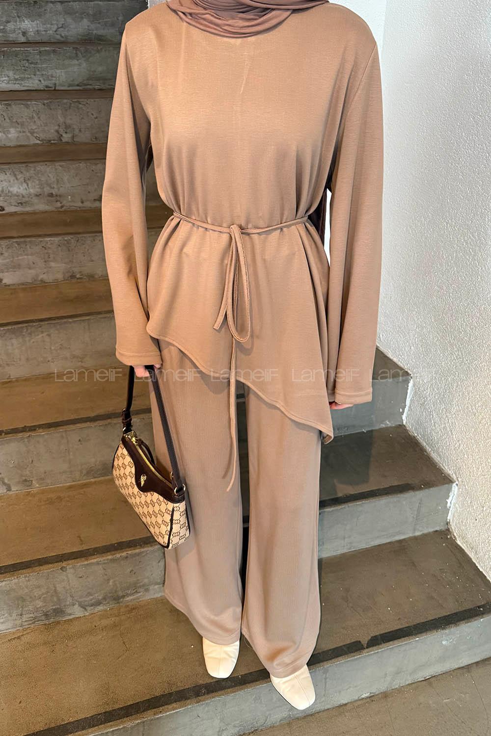 Soft Brown Crew Neck Long Arm Cotton Regular Trousers Comfortable Suit