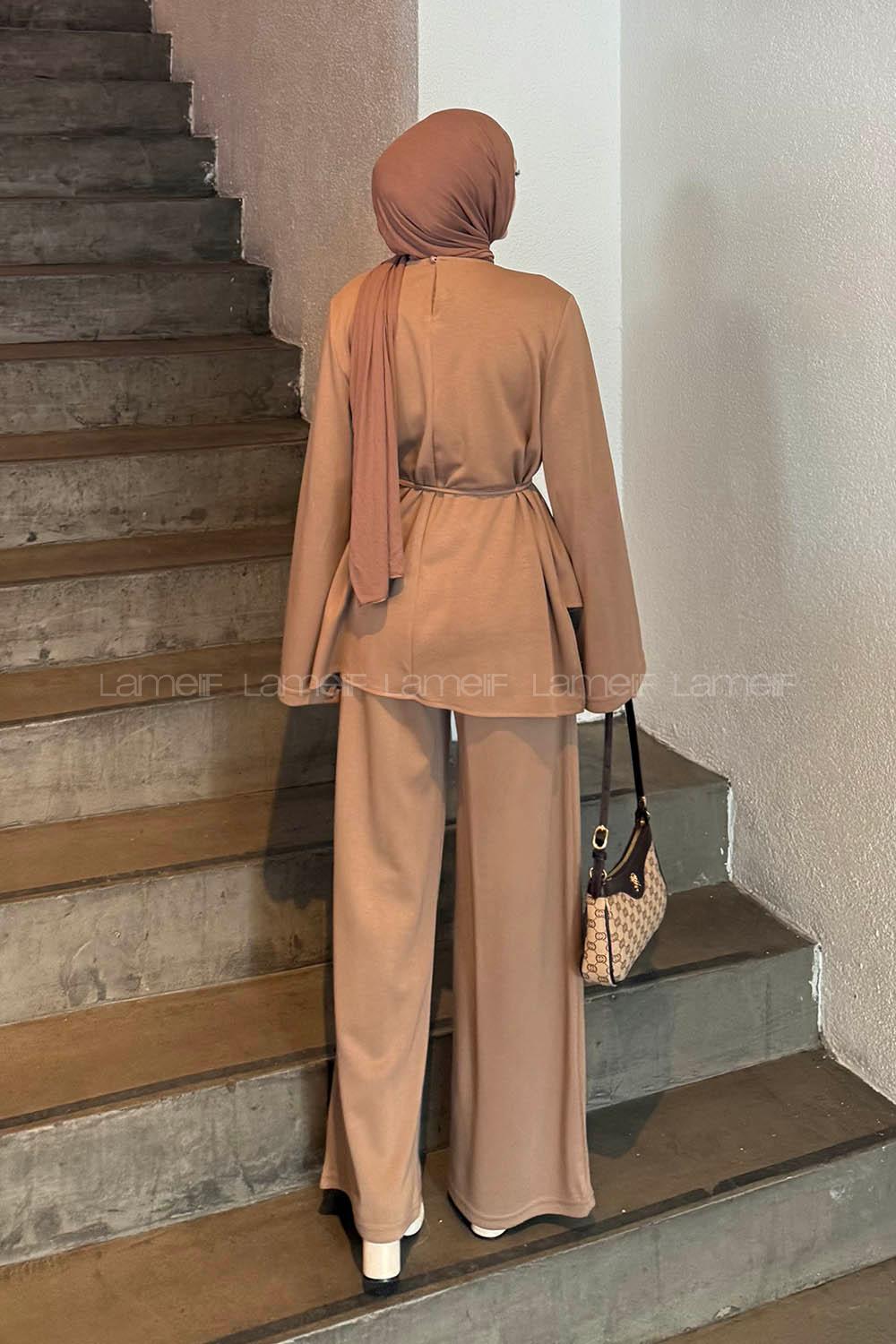 Soft Brown Crew Neck Long Arm Cotton Regular Trousers Comfortable Suit