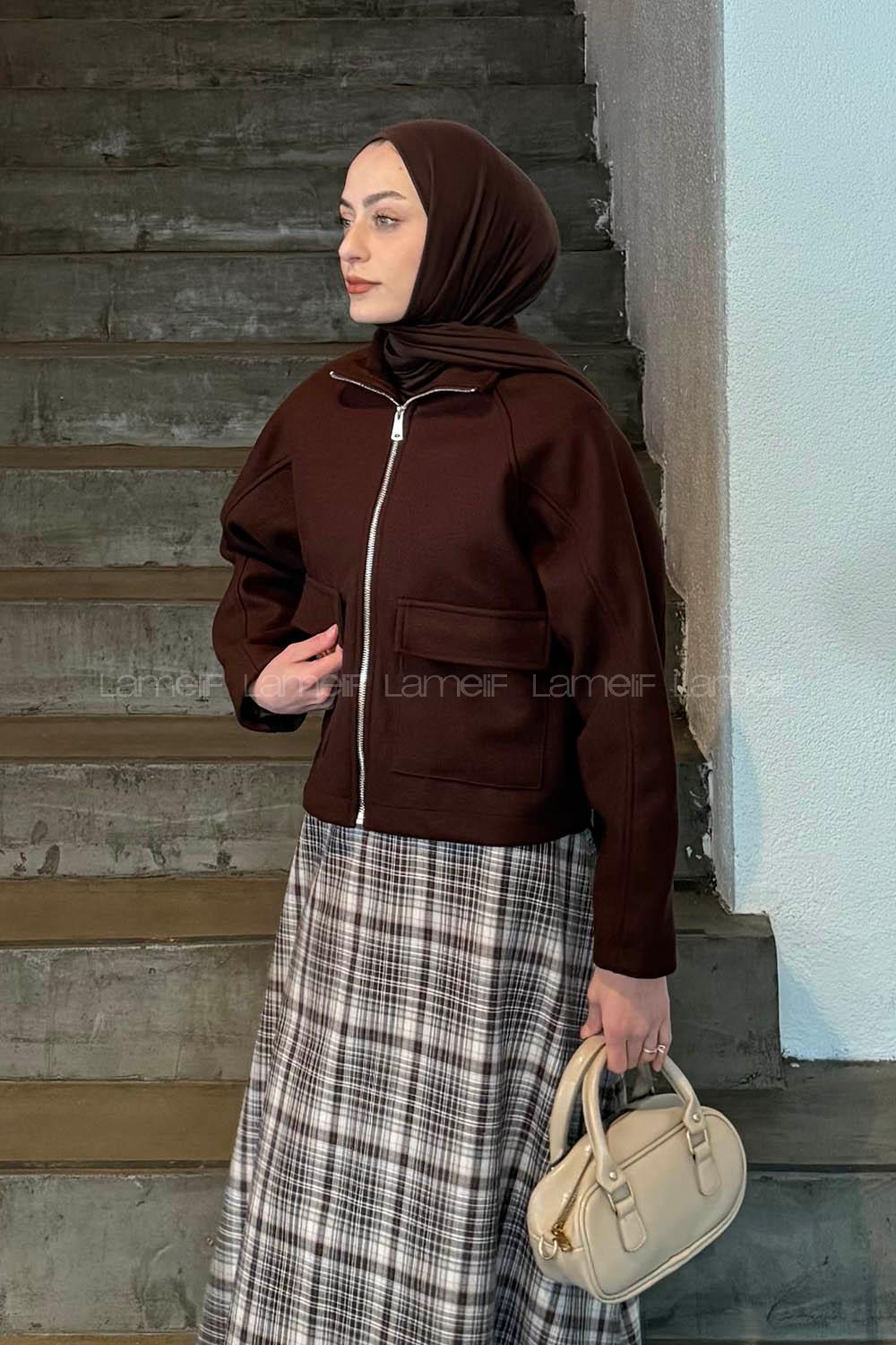 Lamelif Cepli Kaşe Ceket Acı Kahve