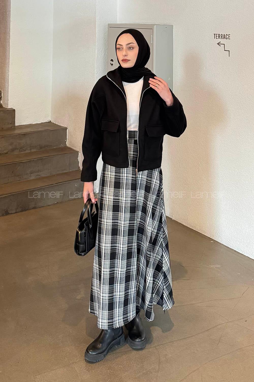 Black Neckband Long Arm Stamp Fabric Jacket