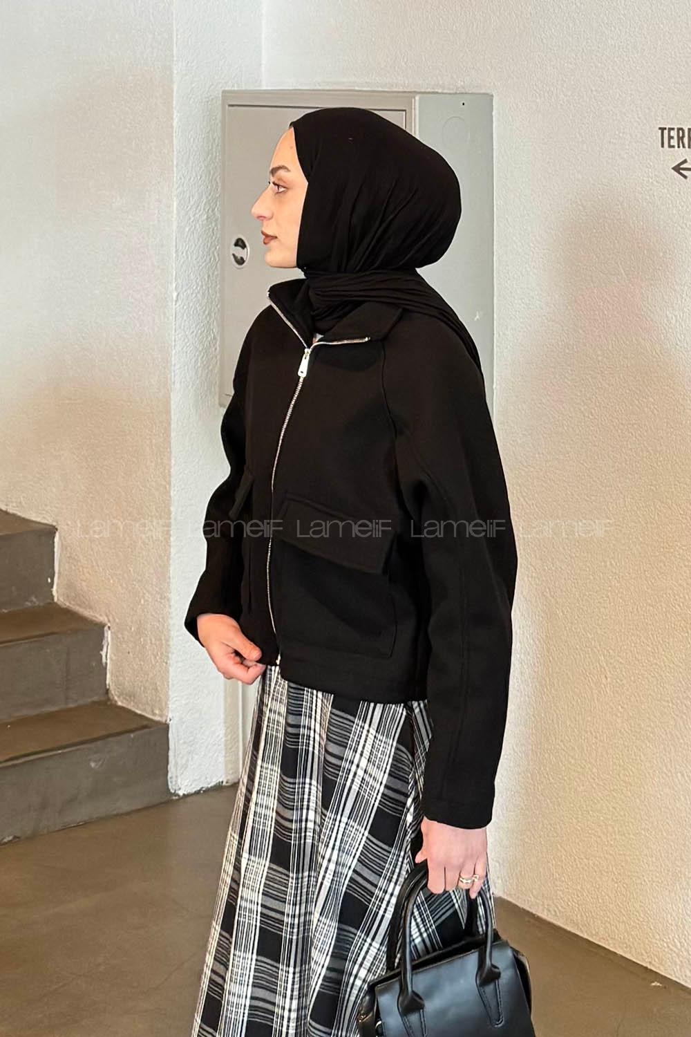 Black Neckband Long Arm Stamp Fabric Jacket