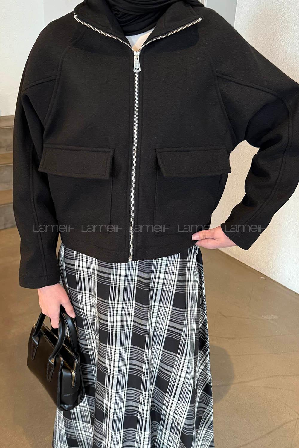 Black Neckband Long Arm Stamp Fabric Jacket