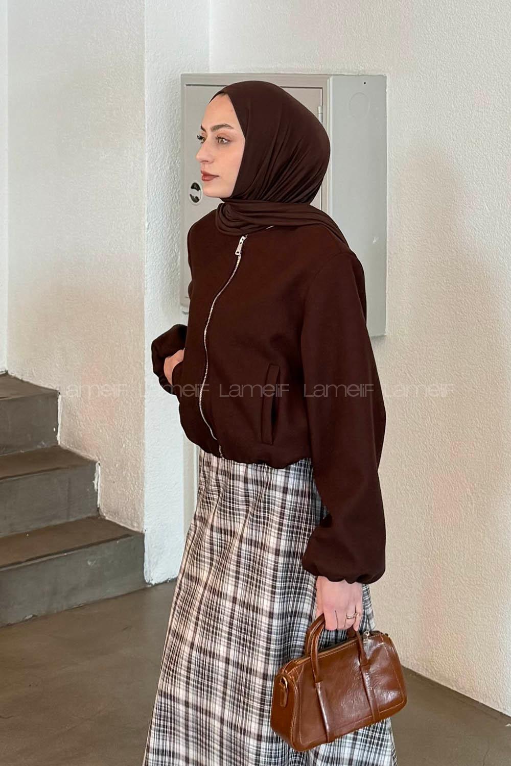 Lamelif Fermuarlı Kaşe Ceket Acı Kahve