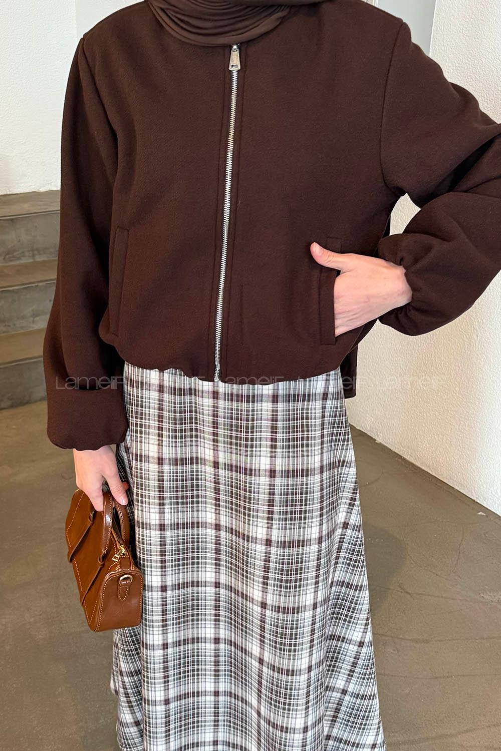 Lamelif Fermuarlı Kaşe Ceket Acı Kahve