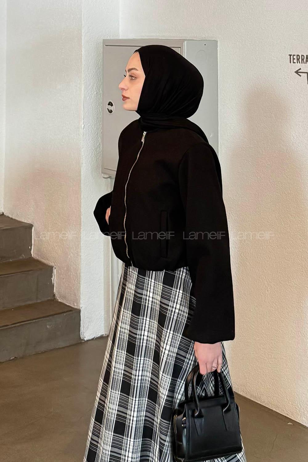 Black Crew Neck Long Arm Stamp Fabric Jacket