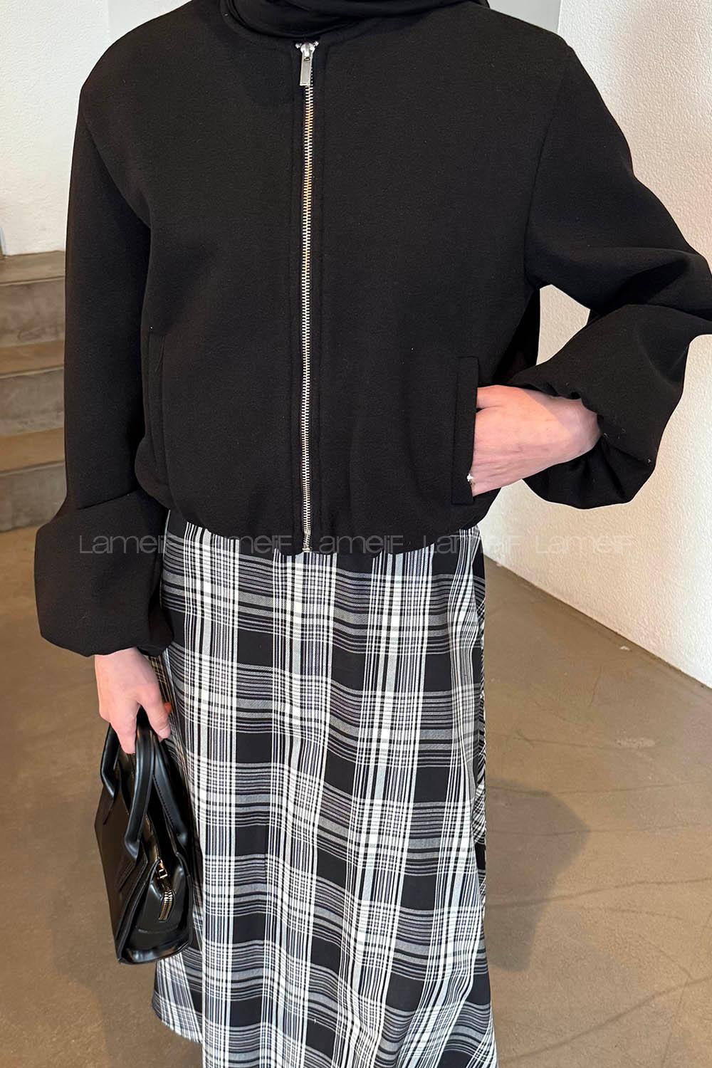 Black Crew Neck Long Arm Stamp Fabric Jacket