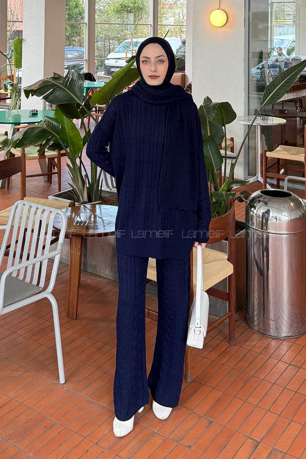 Lamelif Örgü Desen Triko Takım Lacivert