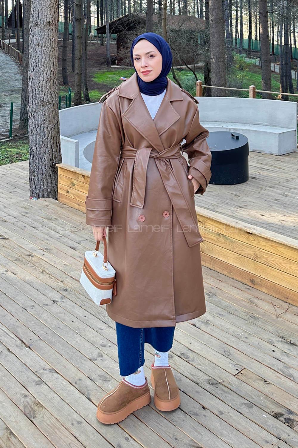 Lamelif Bağlama Detaylı Deri Mont Taba