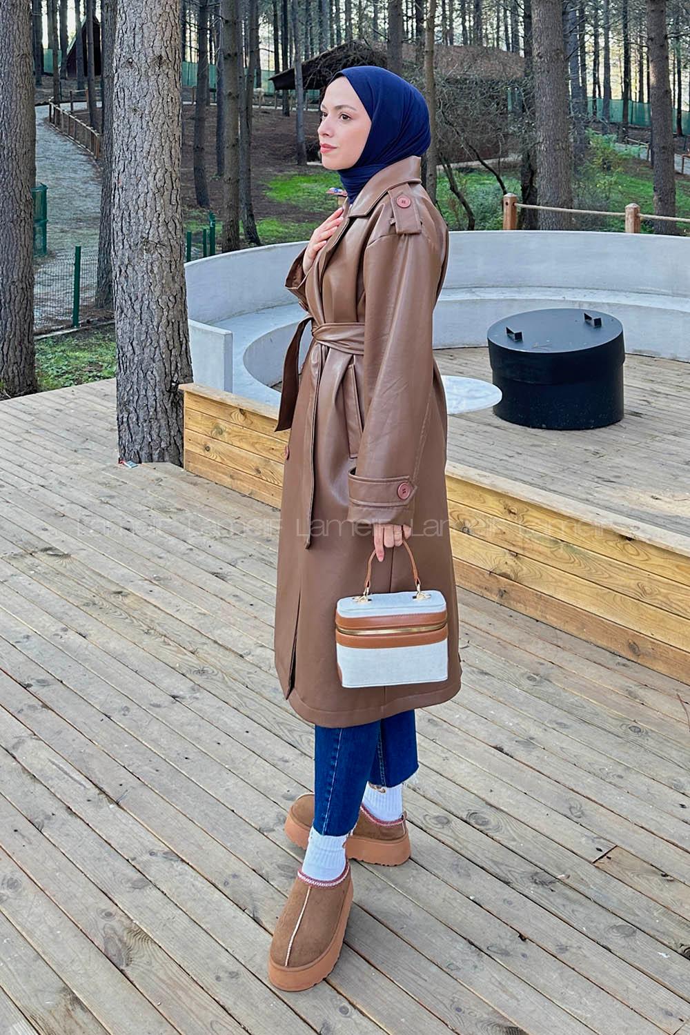 Lamelif Bağlama Detaylı Deri Mont Taba