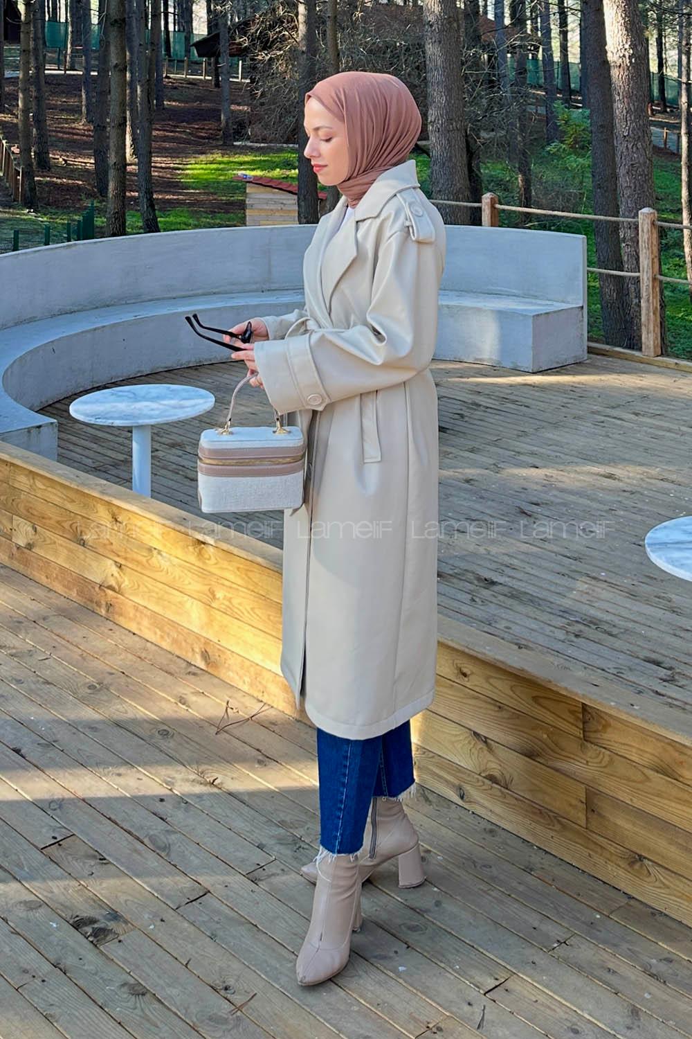 Lamelif Bağlama Detaylı Deri Mont Taş Rengi