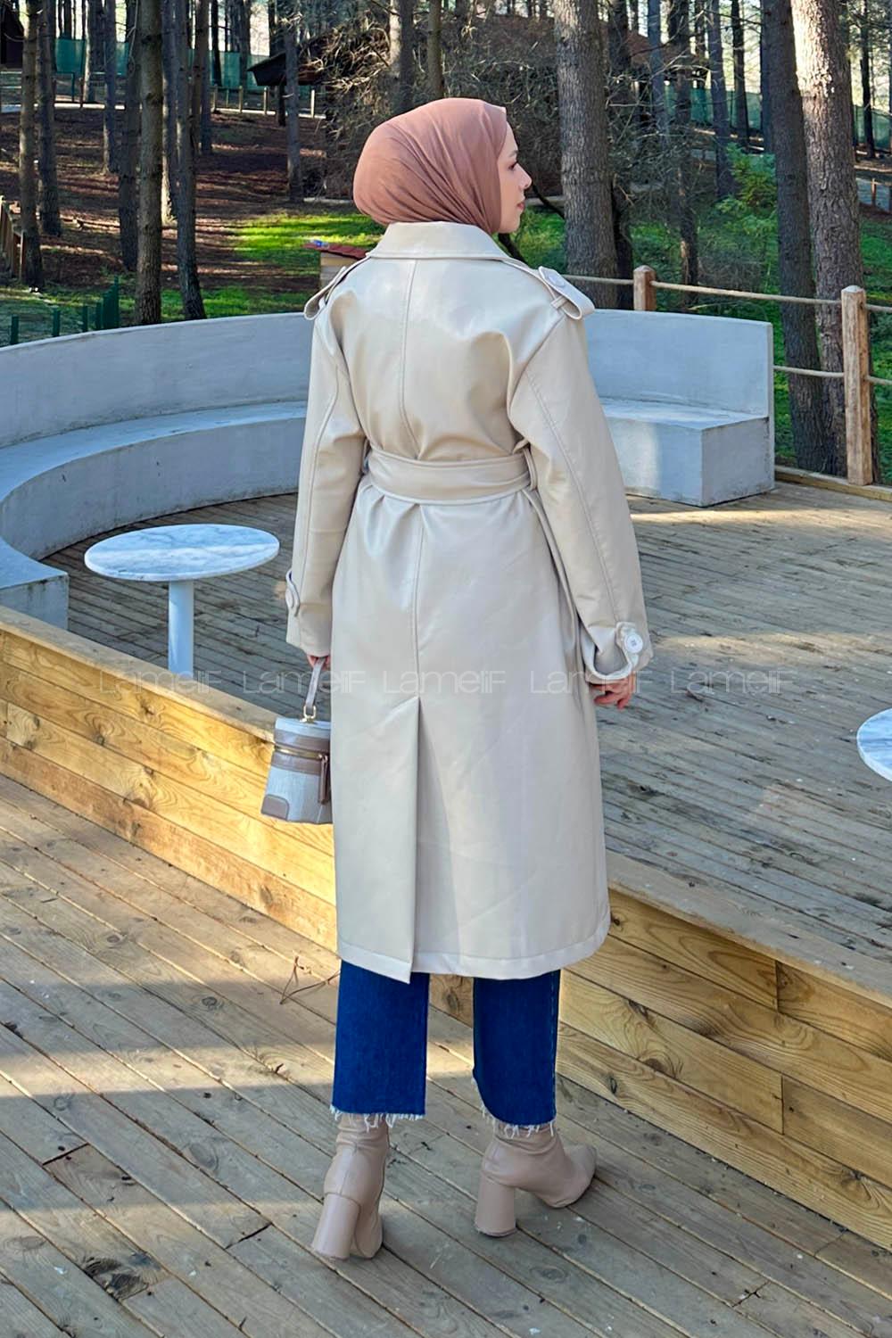 Lamelif Bağlama Detaylı Deri Mont Taş Rengi