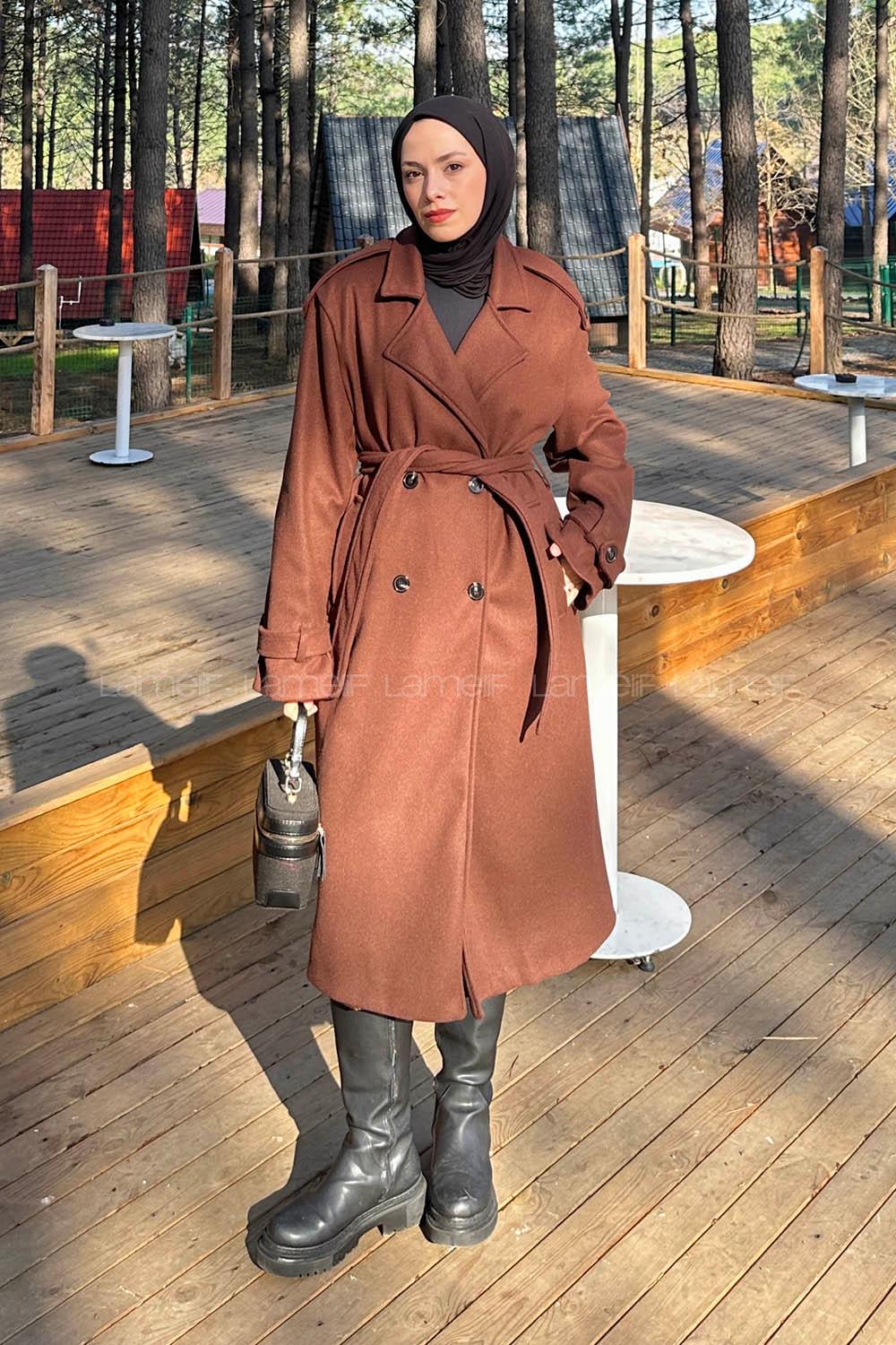 Lamelif Bağlama Detaylı Kaşe Kaban Acı Kahve