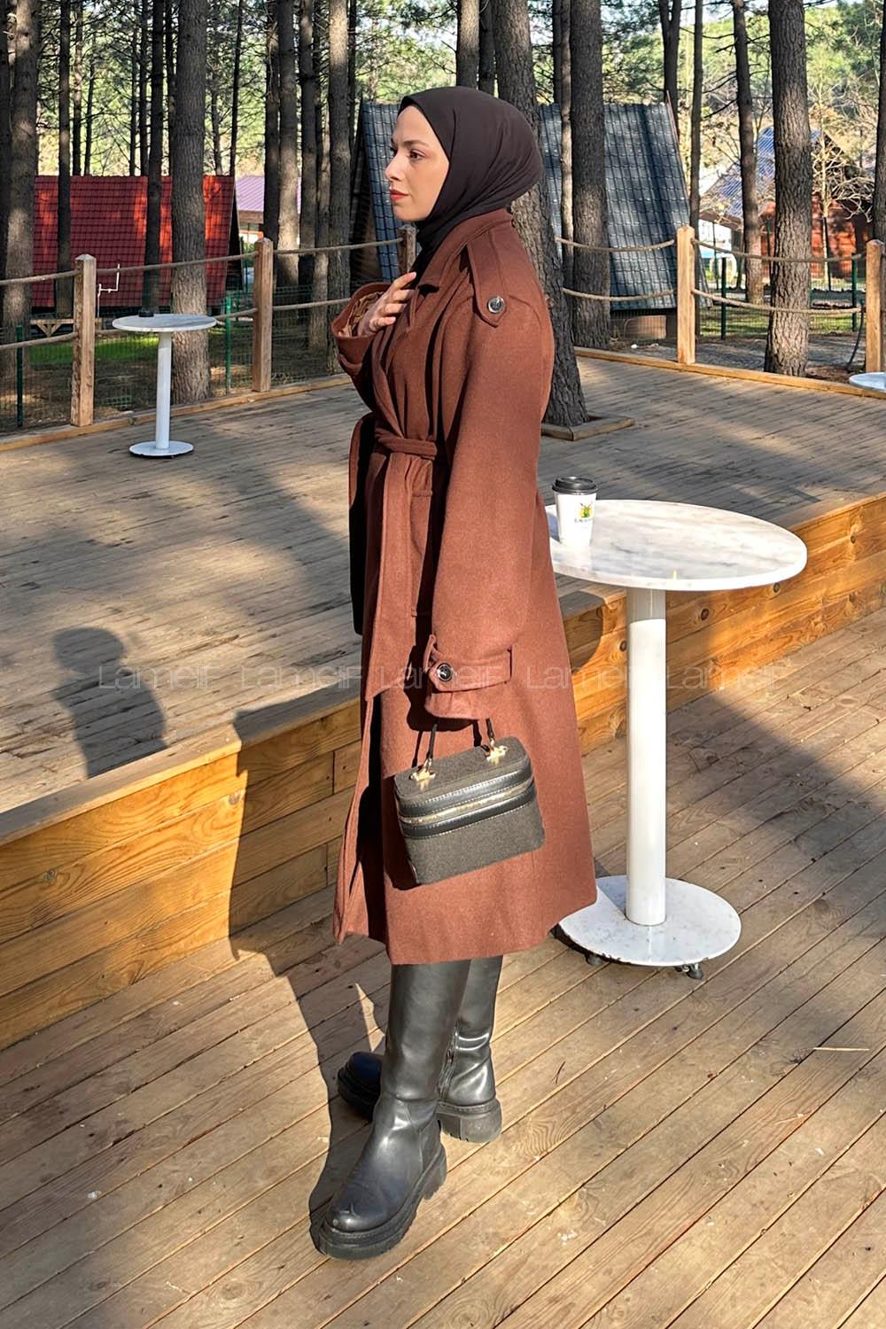 Lamelif Bağlama Detaylı Kaşe Kaban Acı Kahve