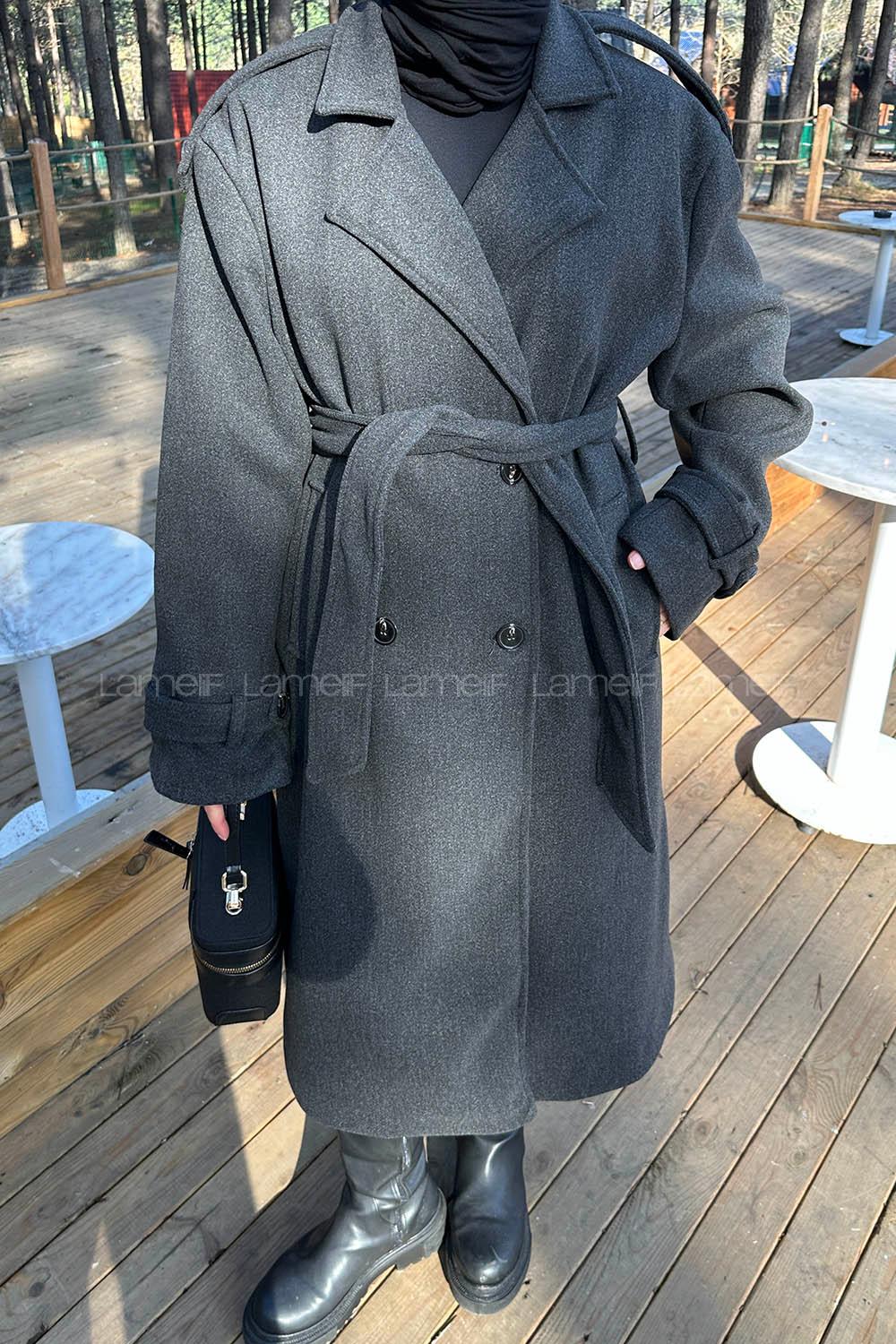 Lamelif Bağlama Detaylı Kaşe Kaban Antrasit