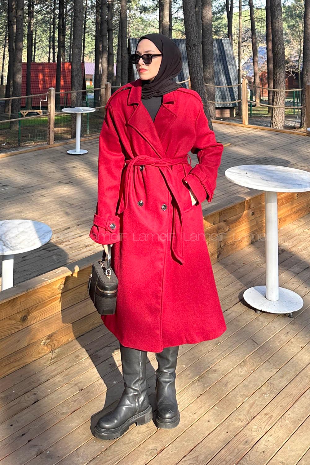 Lamelif Bağlama Detaylı Kaşe Kaban Bordo