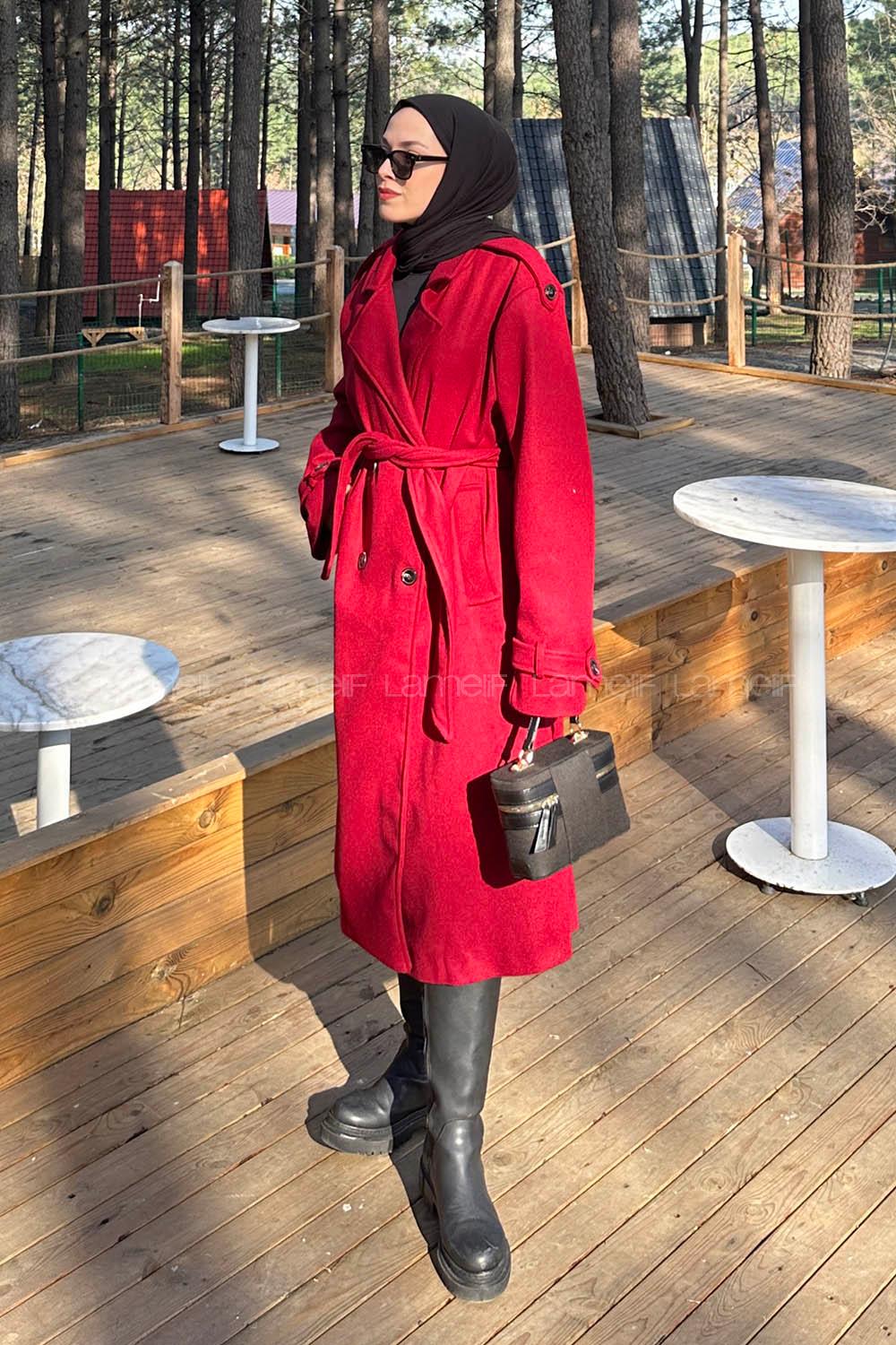 Lamelif Bağlama Detaylı Kaşe Kaban Bordo