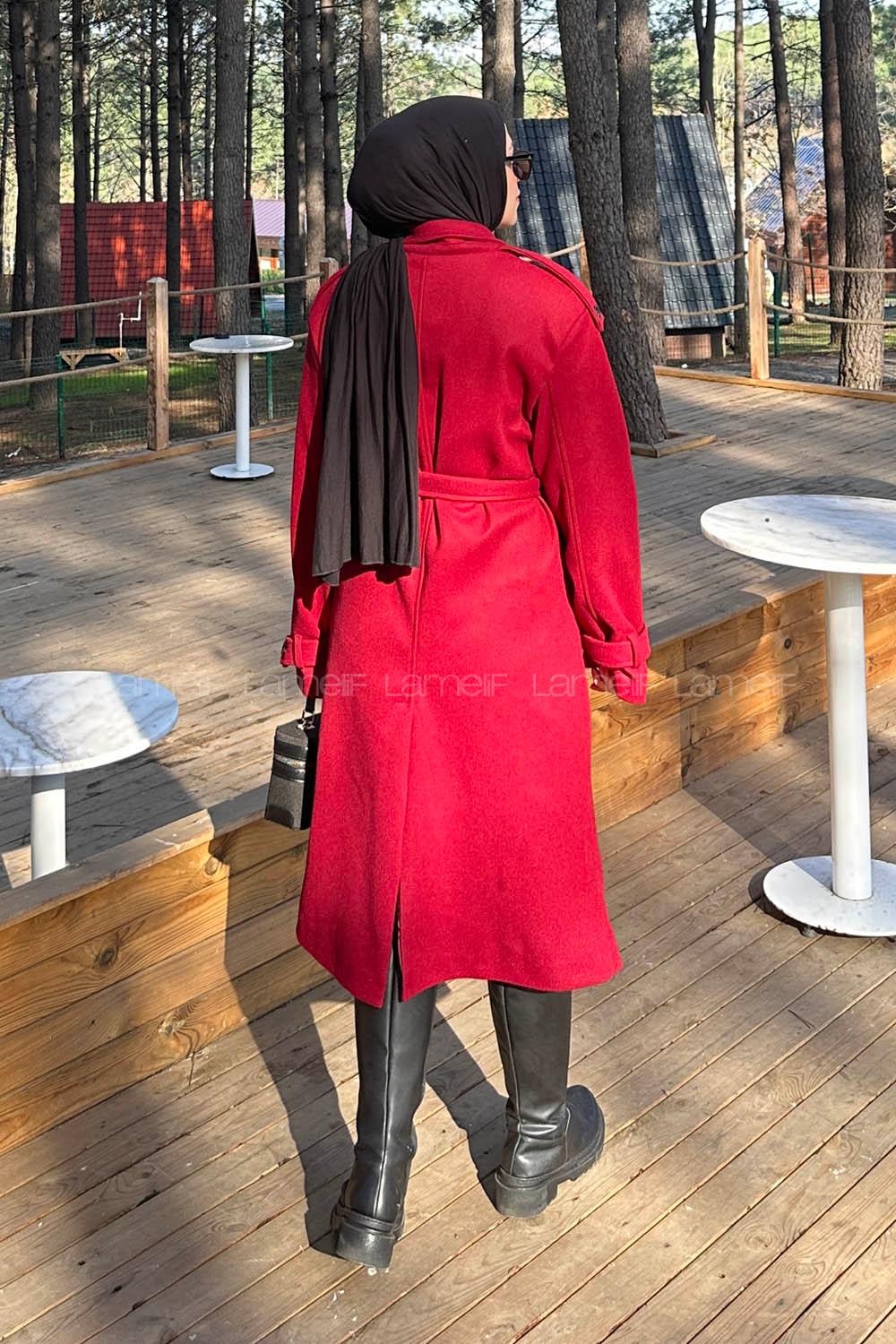 Lamelif Bağlama Detaylı Kaşe Kaban Bordo