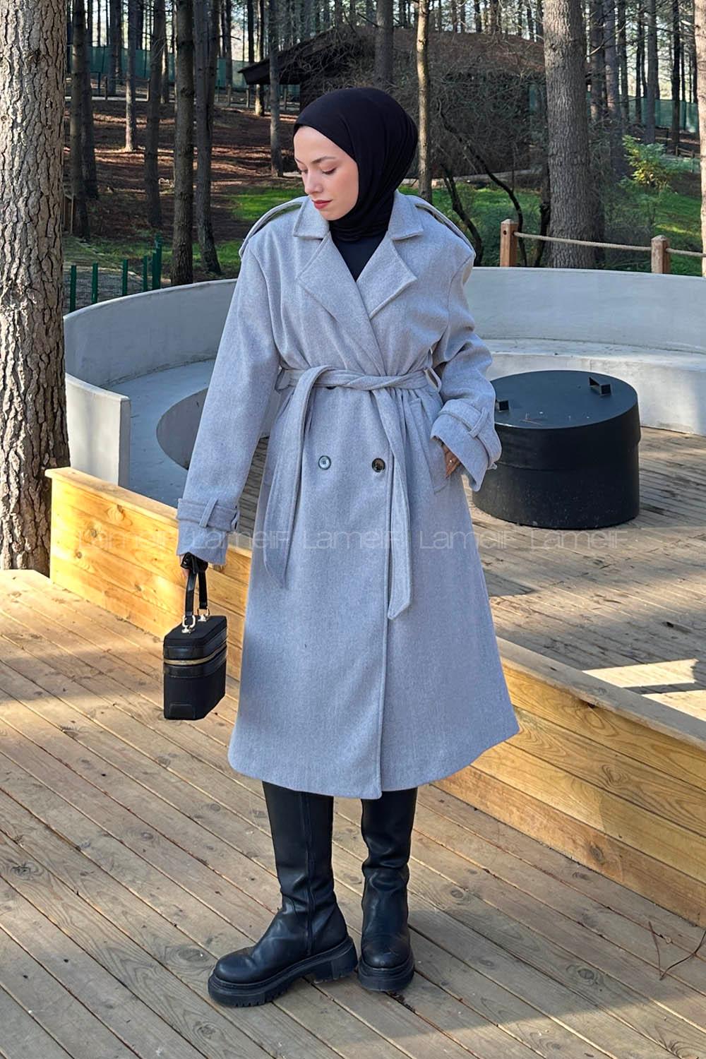 Lamelif Bağlama Detaylı Kaşe Kaban Gri