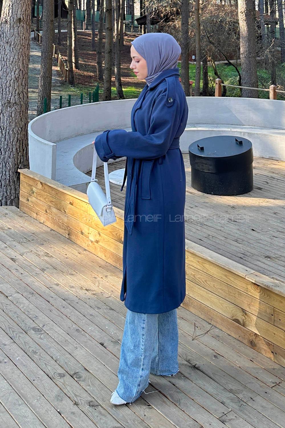 Lamelif Bağlama Detaylı Kaşe Kaban Lacivert