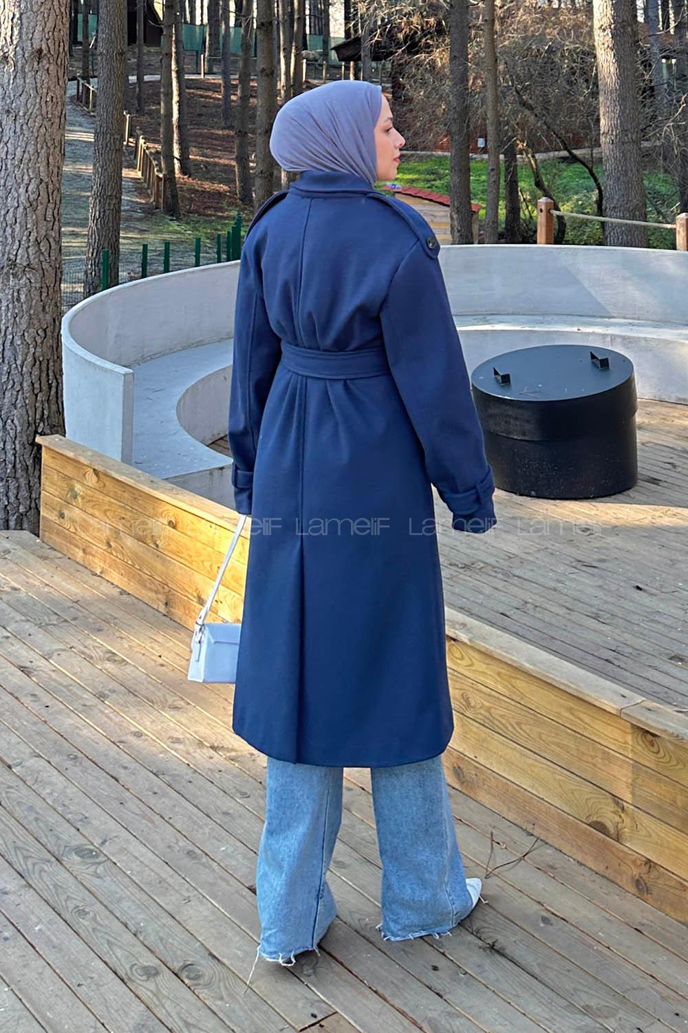 Lamelif Bağlama Detaylı Kaşe Kaban Lacivert