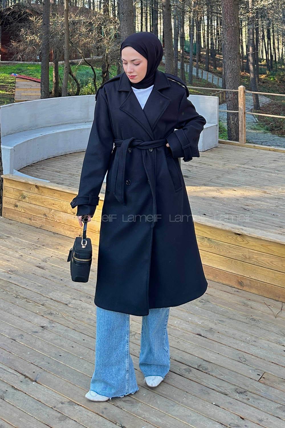 Lamelif Bağlama Detaylı Kaşe Kaban Siyah