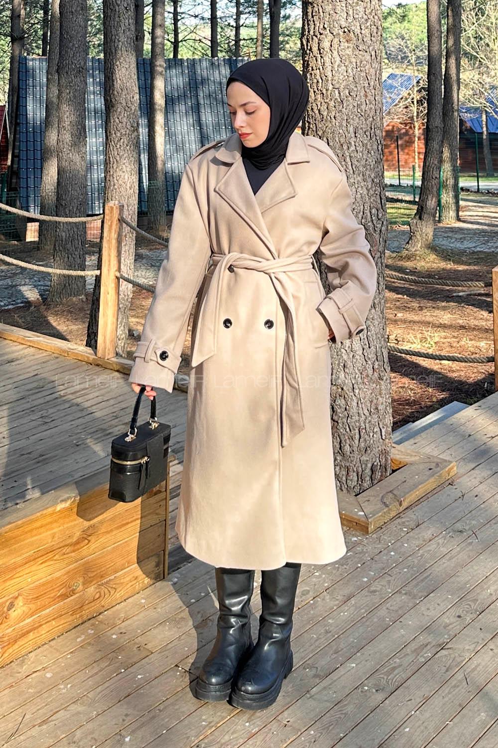 Lamelif Bağlama Detaylı Kaşe Kaban Taş Rengi