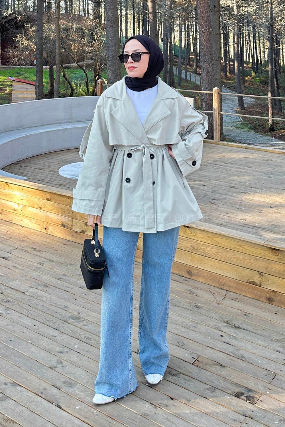 Beige Long Arm Polyester Trench Coat